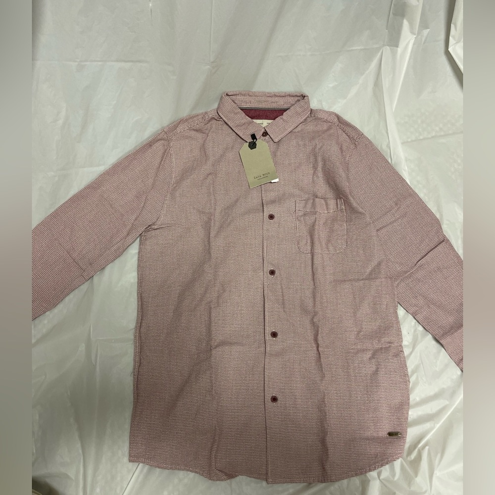 Zara button down red and white checked shirt.